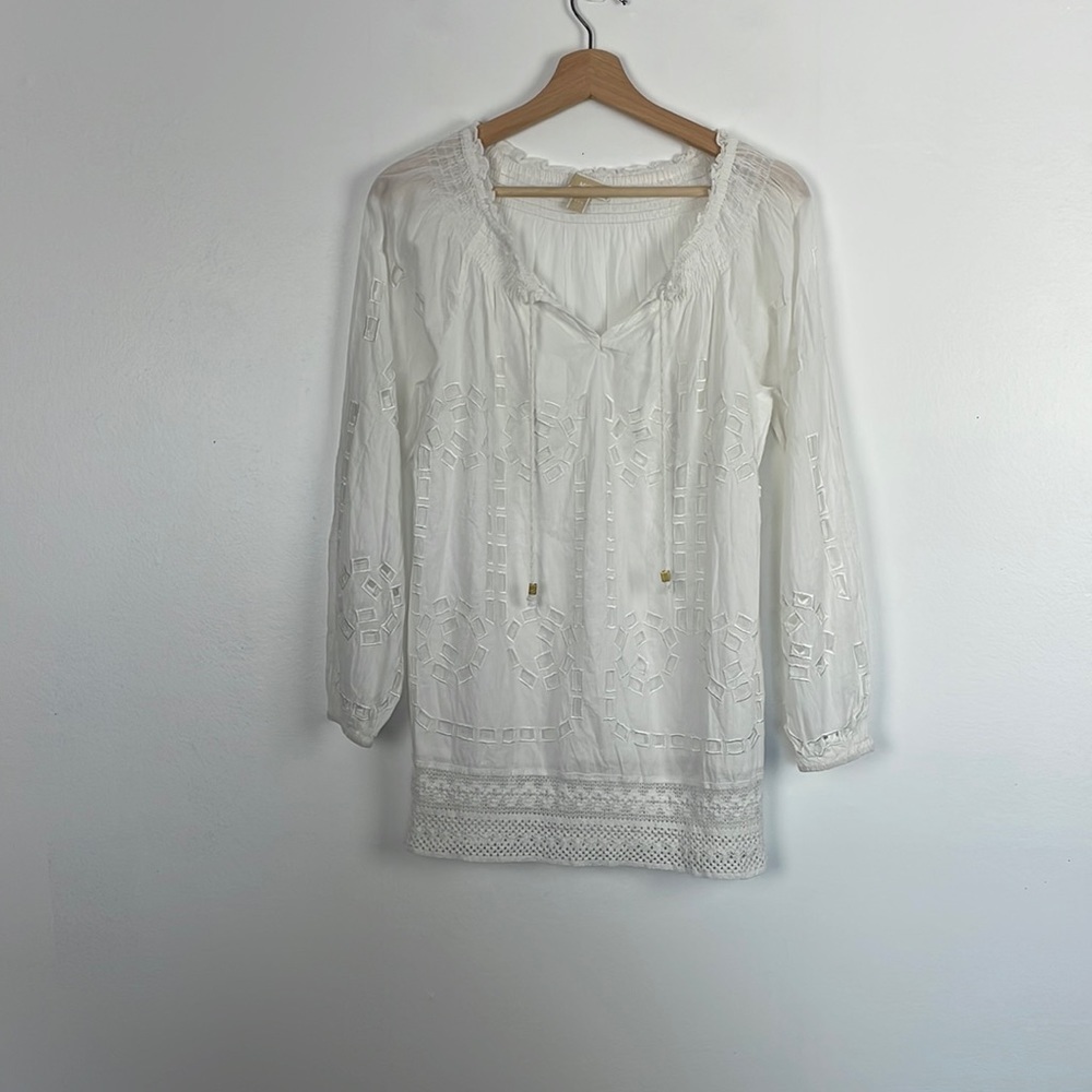 Michael Michael Kors long sleeve eyelet design tie collar pullover tunic top XXS